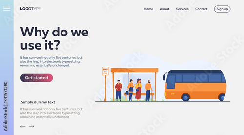 Passengers waiting for public transport at bus stop flat vector illustration. Cartoon characters using auto. Transportation and conveyance concept.