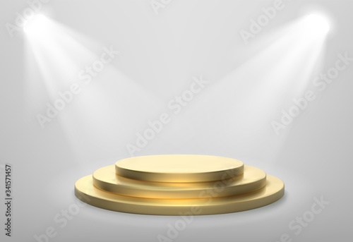 Realistic gold stage podium. Round winner pedestal. Illuminated place with spotlight. 3d empty platform. Vector illiustration.