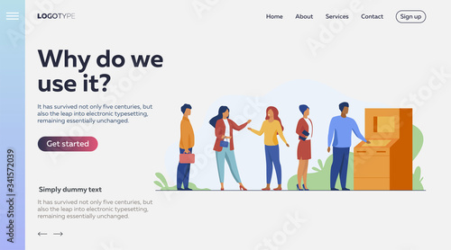 People waiting in queue for bank machine vector illustration. Customers standing in line for payment. Withdrawing money in bank