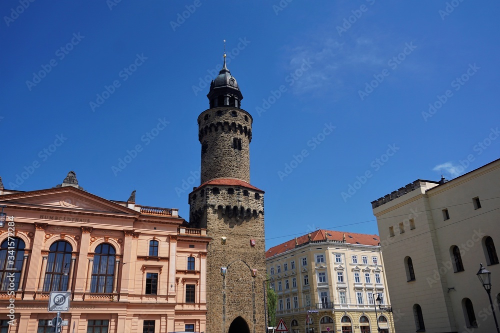 Reichenbacher Turm surrounded by different buildings in Goerlitz