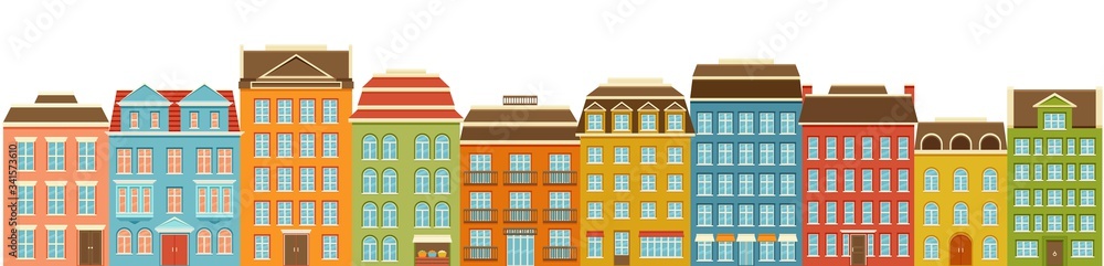 Set of modern multi-storey buildings. Residential houses of the city. Home facade with doors, windows and balcony