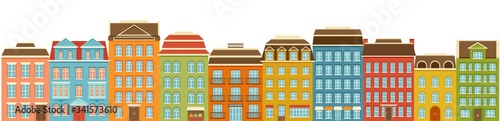 Set of modern multi-storey buildings. Residential houses of the city. Home facade with doors, windows and balcony