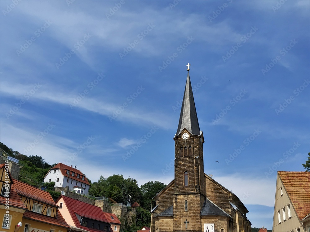 View on the citychurch and surrounding hills of Stadt Wehlen