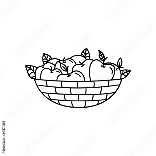 Vector doodle basket with apples. Cooking, cooking utensils, dishes, home items. Hand drawn illustration isolated on white background.