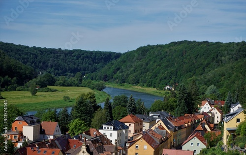 View over the Elbe river and residential homes in Stadt Wehlen