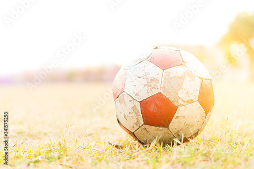 The ole red and white football on the grass field with sunlight.