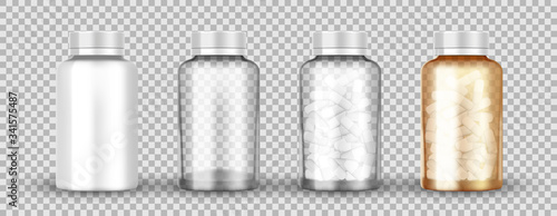 Realistic transparent medical orange pills bottle isolated. Empty, full of capsule pills plastic and glass jar. Pharmaceutical bottle product packaging mockup.