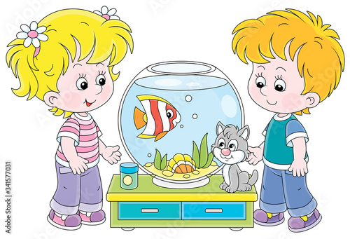 Cheerful small children and their cute kitten, friendly smiling, watching a funny aquarium fish and going to feed it, vector cartoon illustration on a white background