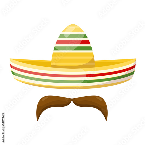 Mexican traditional straw sombrero and mustache. Vector