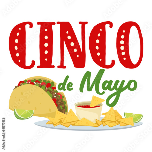 Cinco de mayo badge, mexican traditional fiesta. Mexican fast food, snack for a party - Tacos and nachos chips. Vector