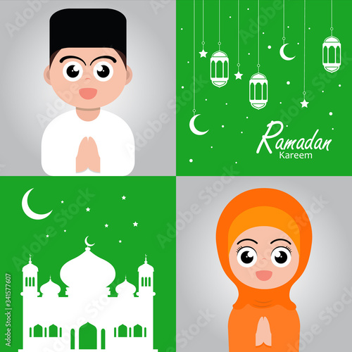 flat illustration poster ramadan design with ramadan kareem cartoon character background