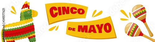Cinco de mayo horizontal banner, mexican traditional fiesta. Pair of maracas and donkey pinata. Vector