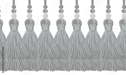Seamless border pattern, abstract vector elements for design. Neutral horizontal border, divider, shades of gray colors. Tassels from yarn, tread and beads. Decorative tassels