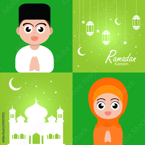 flat illustration poster ramadan design with ramadan kareem cartoon character background
