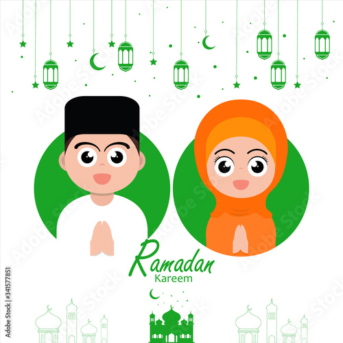 flat illustration poster ramadan design with ramadan kareem cartoon character background