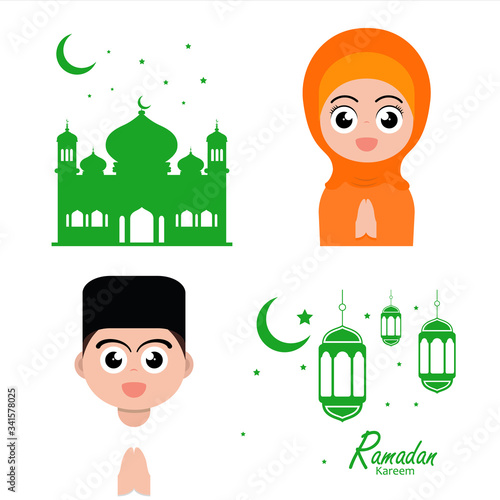 flat illustration poster ramadan design with ramadan kareem cartoon character background