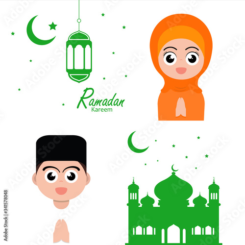 flat illustration poster ramadan design with ramadan kareem cartoon character background