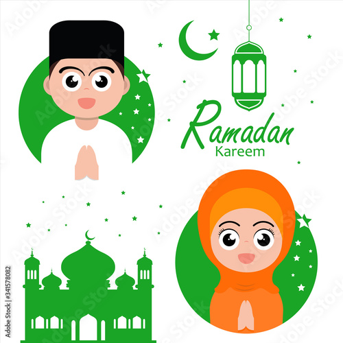 flat illustration poster ramadan design with ramadan kareem cartoon character background