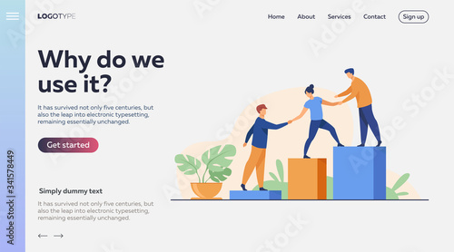 Employees giving hands and helping colleagues to walk upstairs. Team giving support, growing together. Vector illustration for teamwork, mentorship, cooperation concept