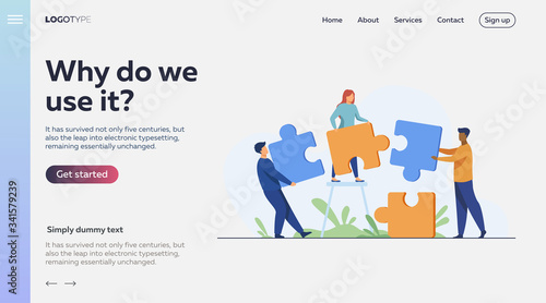 Partners holding big jigsaw puzzle pieces flat vector illustration. Successful partnership, communication and collaboration metaphor. Teamwork and business cooperation concept.