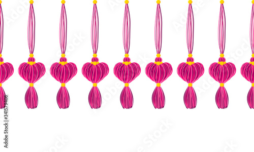 Vector horizontal border pattern. Dangling tassels with hearts, yarn treads with beads, ropes. Crimson Pink, rose colors on black background. Wedding, Valentine day, love theme design for headers 