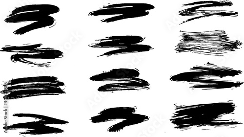 Brush stroke, ink splashes stencil. High quality manually traced. Black inked splatter dirt stain splattered spray splash with drops blots. Vector illustration brush stroke set.
