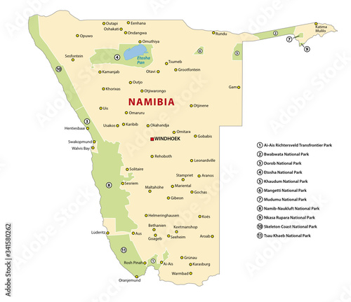 Vector map of the national parks of Namibia