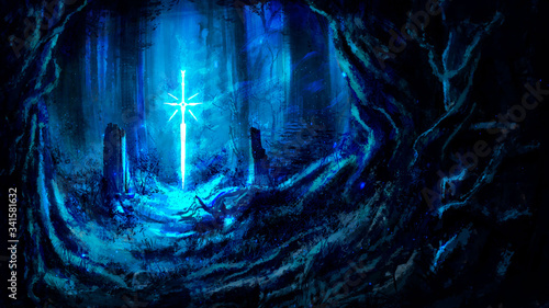 A magical winter forest, with huge trees with embossed roots, in the middle of the composition, a magic bright sword hovers in the air, emitting streams of energy . 2D illustration.