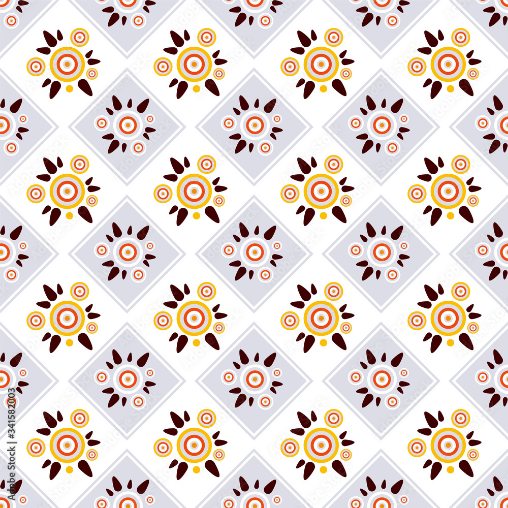Abstract vector seamless pattern. Simple design. Little cute round geometric tea flowers with leaves on squared abstract background. Bright random colors, perfect for textile, fabric, wallpaper Abstract vector seamless pattern. Simple design. Little cute round geometric tea flowers with leaves on squared abstract background. Bright random colors, perfect for textile, fabric, wallpaper