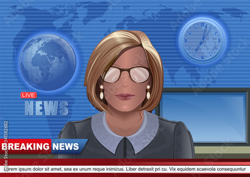 Woman leading TV news on the air. Breaking news background with beautiful young tv newscaster woman. News anchor in the studio of the TV channel. Vector illustration