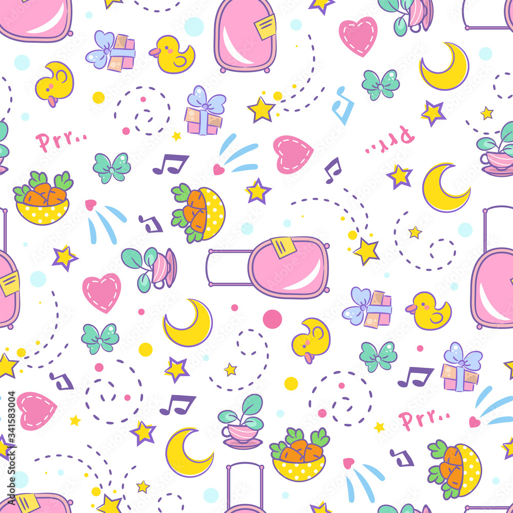 Vector cartoon seamless pattern. Kawaii background with sweet elements: yellow duck, hearts, carrots, plates, plants in teacup, ribbon, bows, shooting stars, moon. Cute pink, green, blue colors
