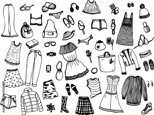 A set of women's clothing drawn by hand. Template design, dresses, skirts, shorts, pants, shoes, jewelry, accessories, hats, glasses, gadgets, t-shirts. Vector black and white illustrations.