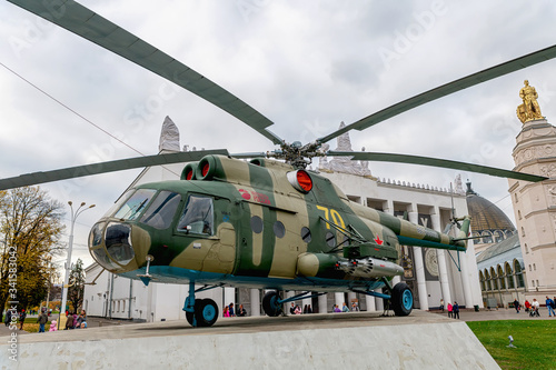 Russia, Moscow, October 2019. Military helicopter at the exhibition VDNH.