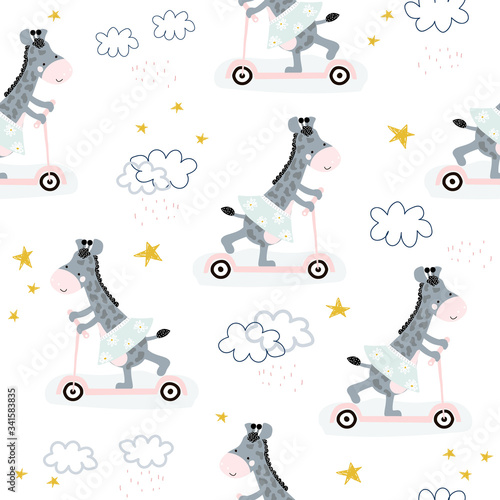 Little giraffe riding a scooter seamless pattern. Vector hand drawn illustration.