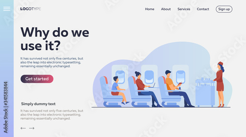 Air trip with comfort flat vector illustration. Passengers waiting for airline meal. People travelling by plane and sitting near airplane window. Airline, tourism and journey concept.