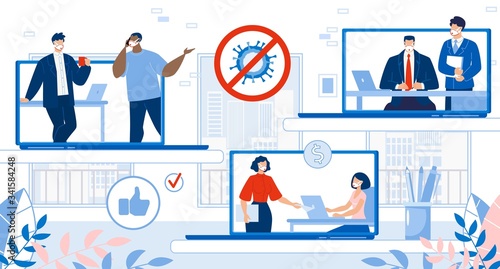 Online Business Relationship after Covid19 Epidemic Stop. Internet Marketing and Ecommerce. Remote People Cooperation Organization and Company Management on Laptop. Digital Information Technology