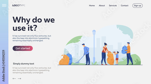 Volunteers community cleaning garbage flat vector illustration. People working in team for city ecology protection. Environment, nature and clean planet concept