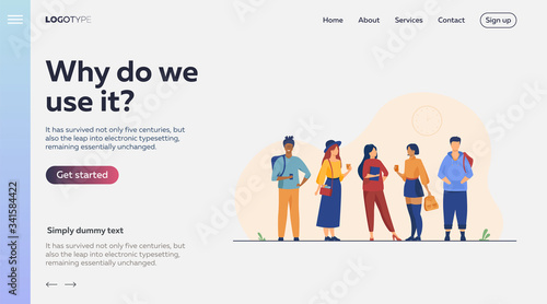 Group of college or university students hanging out. Happy teen girls and guys standing together, holding books, backpacks. Vector illustration for studying, school friends, fashion, youth concept