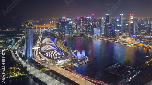 Photography SINGAPORE - FEBRUARY 2: Aerial drone view of Singapore business district and city, Business and financial district Modern building in the city center of Singapore on February 2, 2020 in Singapore