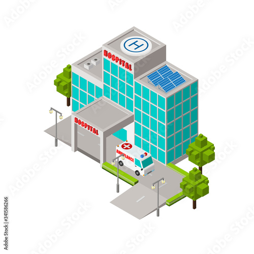Hospital and ambulance that is ready to work at all times isometric vector design