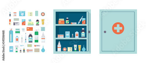 Medicine chest full of drugs, tablets and bottles. Medical cabinet with closed and open door. Medications for the first aid kit. Isolated vector illustration in flat style on white background