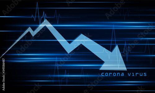 Falling graph lights dark backdrop with Arrow Light Coronavirus Blue Heart pulse monitor with signal. Heart beat. icon. Hitech communication. Coronavirus Infection