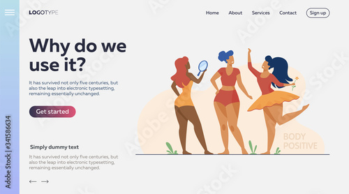Happy girls admiring their bodies flat vector illustration. Body positive female characters smiling each other. Active women with plus size figures. Different beauty, fashion and healthy lifestyle