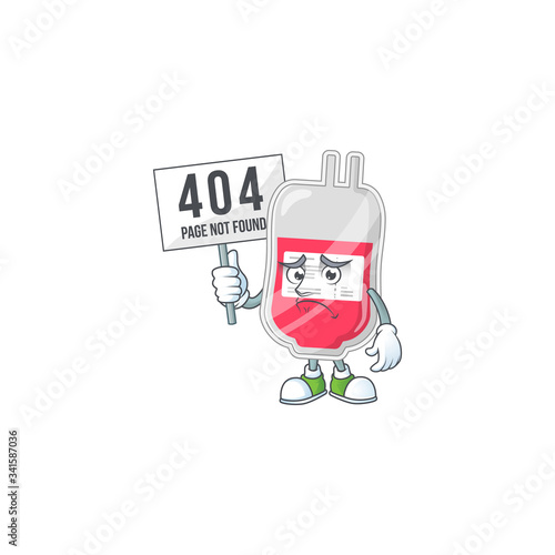 Sad face of bag of blood cartoon character raised up 404 boards
