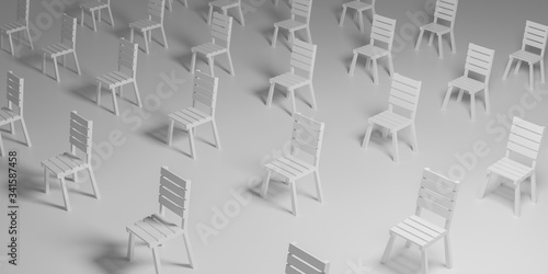 3d white chair in distance on gray background. Social distancing concept. Realistic 3d rendering design. Prevention Coronavirus disease (COVID-19) and healthcare. Minimal graphic art.