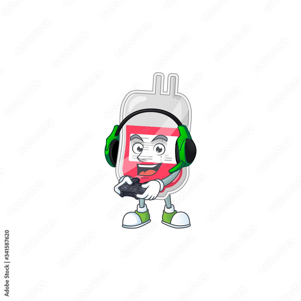 A cartoon design of bag of blood talented gamer play with headphone and controller