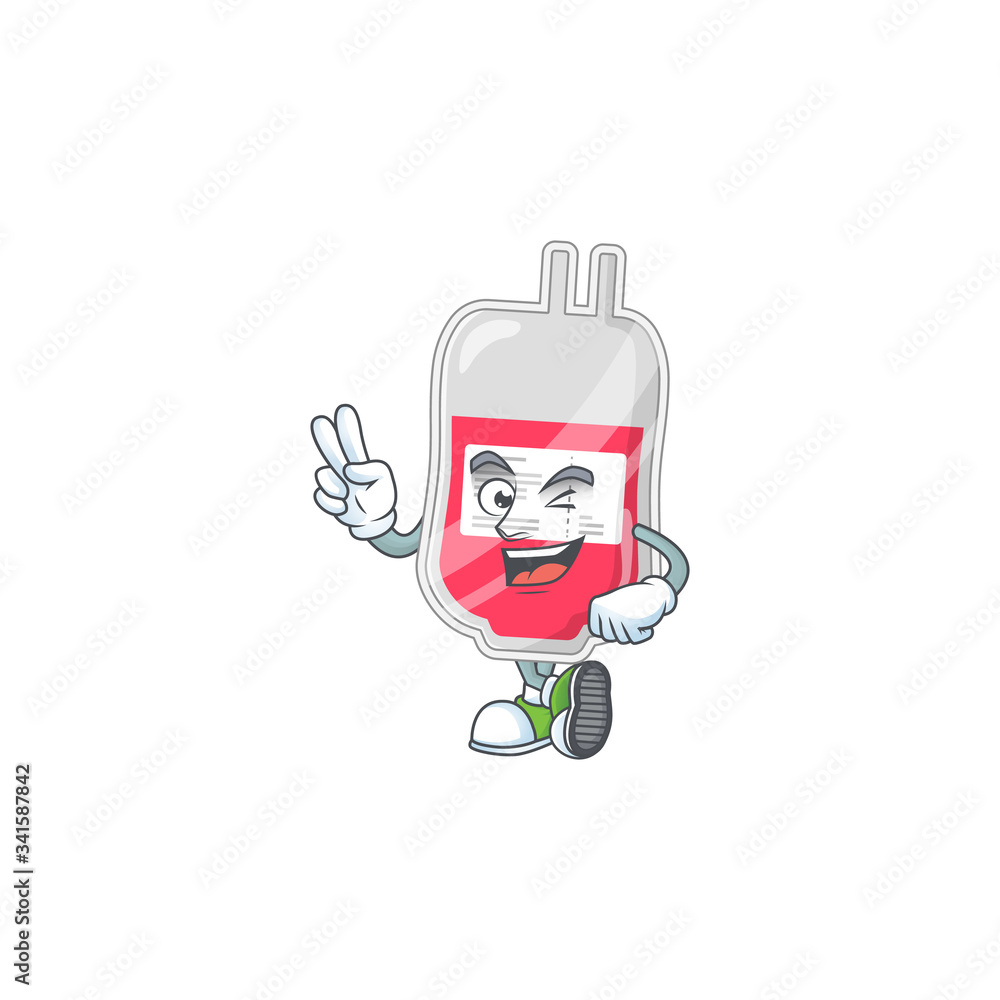 Cheerful bag of blood mascot design with two fingers