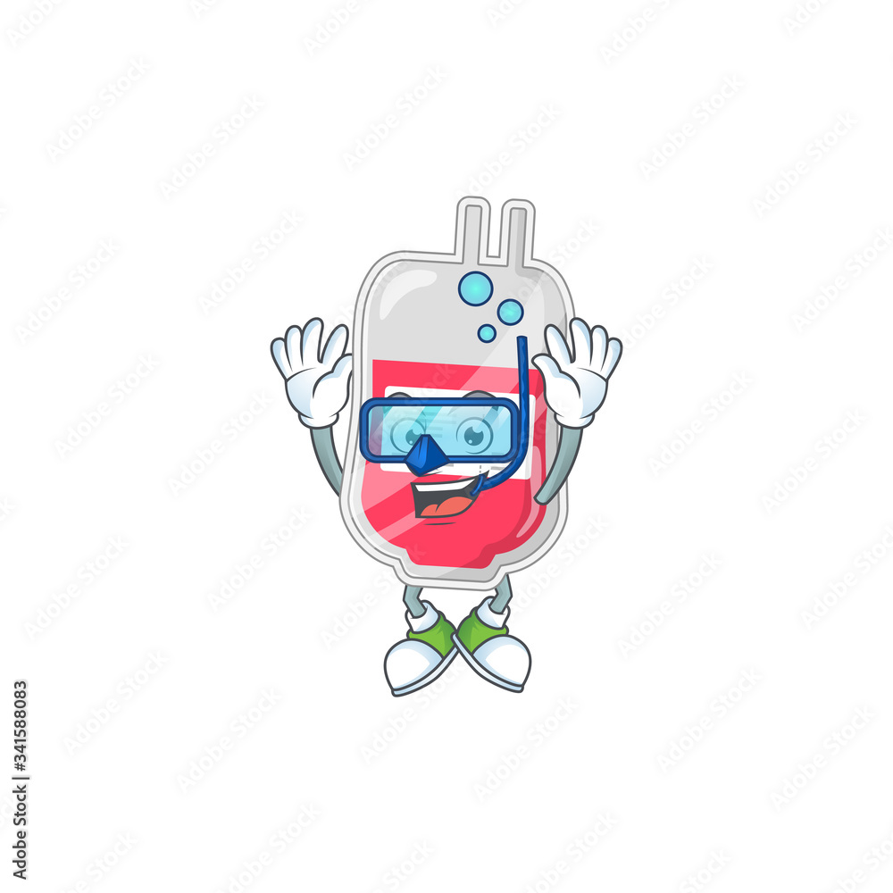 Mascot design concept of bag of blood wearing Diving glasses Mascot design concept of bag of blood wearing Diving glasses