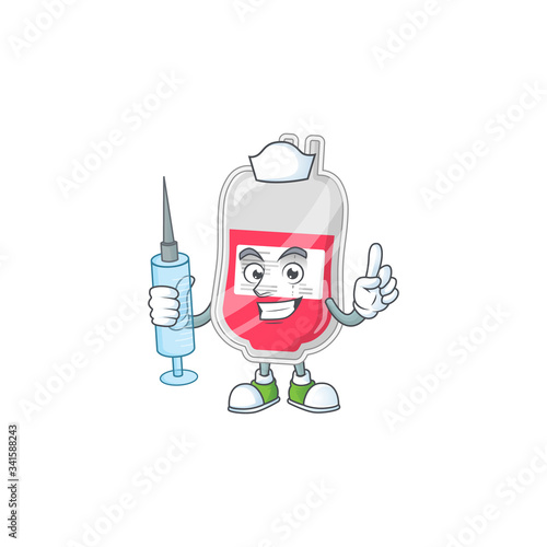 Friendly Nurse bag of blood mascot design style using syringe