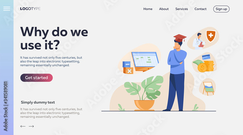 Male student choosing program in college. Young man in graduation cap thinking over future occupation. Vector illustration for opportunities, career advisor, choice concept